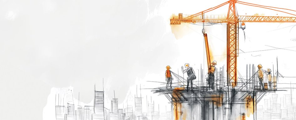 Drawing of construction workers on top of a building