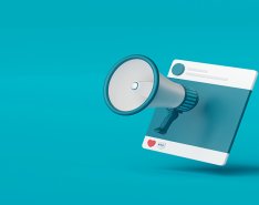 megaphone emerging from social media template