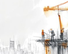 Drawing of construction workers on top of a building