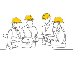 Illustration of 4 workers in vests & hardhats holding blueprints and talking