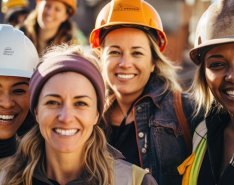Group of women in hard hats and vests smiling