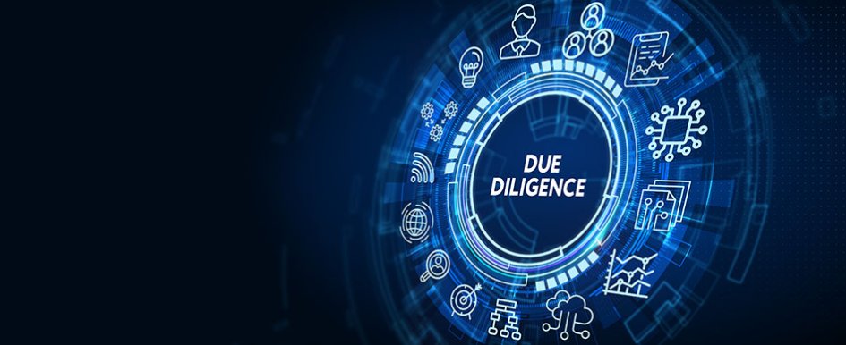Tech symbols with the words "due diligence" to indicate the impact of acquisitions on workers' compensation