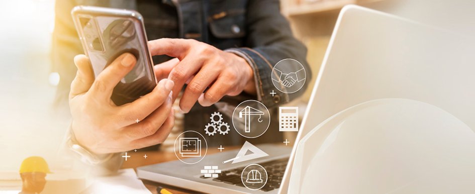 Hand using smartphone with tech symbols around it