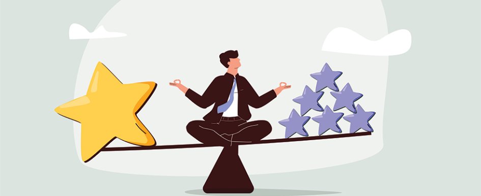 Illustration of man on seesaw with big gold star on one end (weighing it down) and small purple stars on the other end