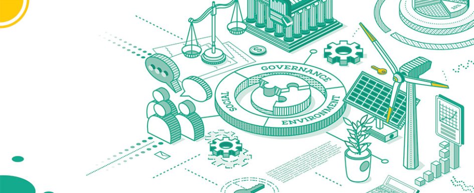 An illustration of a set of scales, a bank, a windmill, graphs and charts, etc