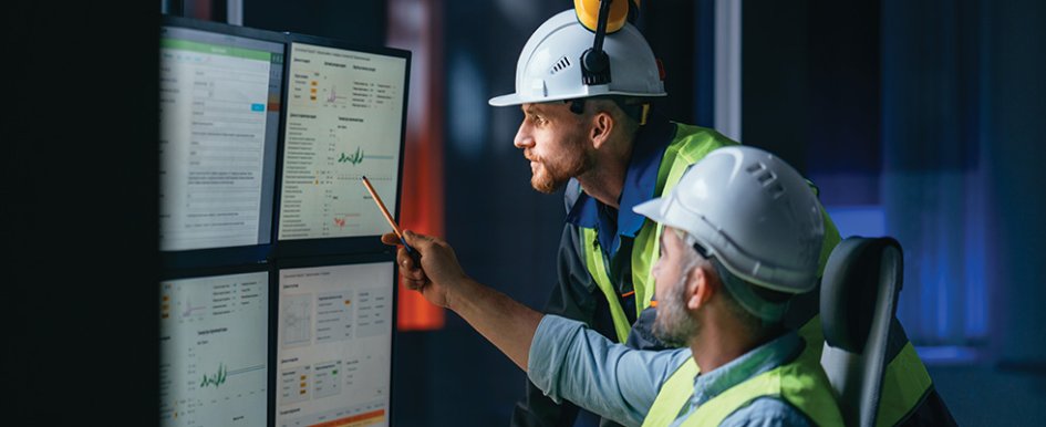 two construction workers looking at chart