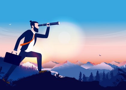 Illustration of businessman looking through telescope/Adobe Stock